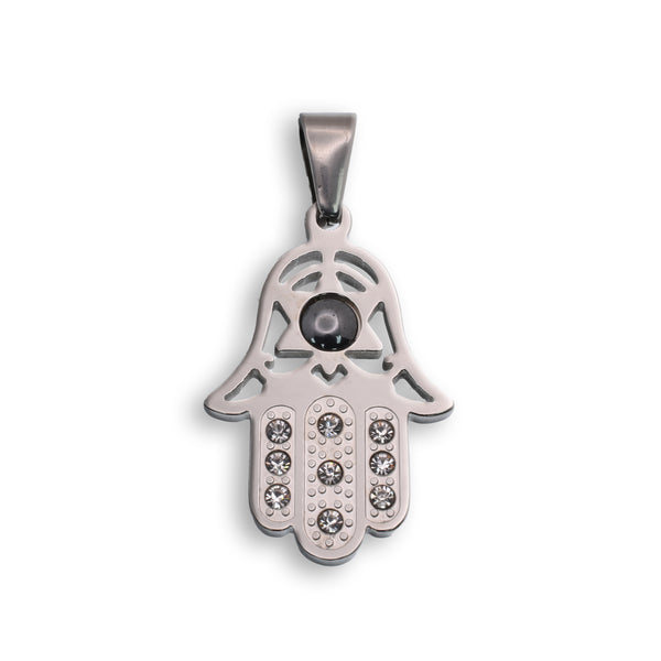 Rhodium Plated Stainless Steel Hamsa Hand Clear CZ 20.5mm x 32.2mm Pendant - SSP00312