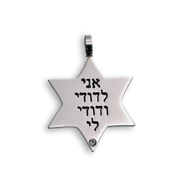 Rhodium Plated Stainless Steel Star Of David Hebrew Engraving Clear CZ 31.1mm Pendant - SSP00314