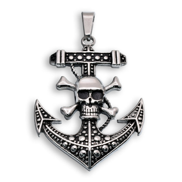 Rhodium Plated Stainless Steel Pirate Anchor Skull and Crossbones Nautical Gothic Design 36mm x 45.9mm Pendant - SSP00318