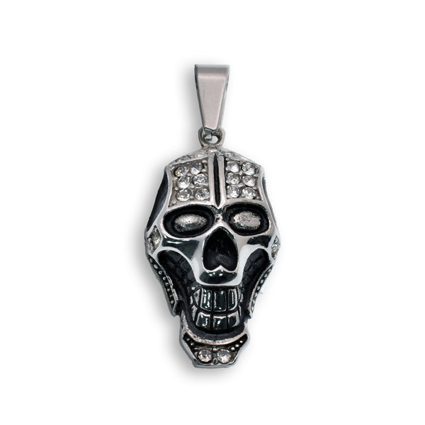 Rhodium Plated Stainless Steel Accented Skull Gothic Biker Clear CZ 17.5mm x 30mm Pendant - SSP00319