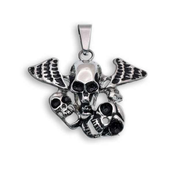 Oxidized Stainless Steel Multi Skull Winged Gothic Biker Style Statement 39.2mm x 25mm Pendant - SSP00321