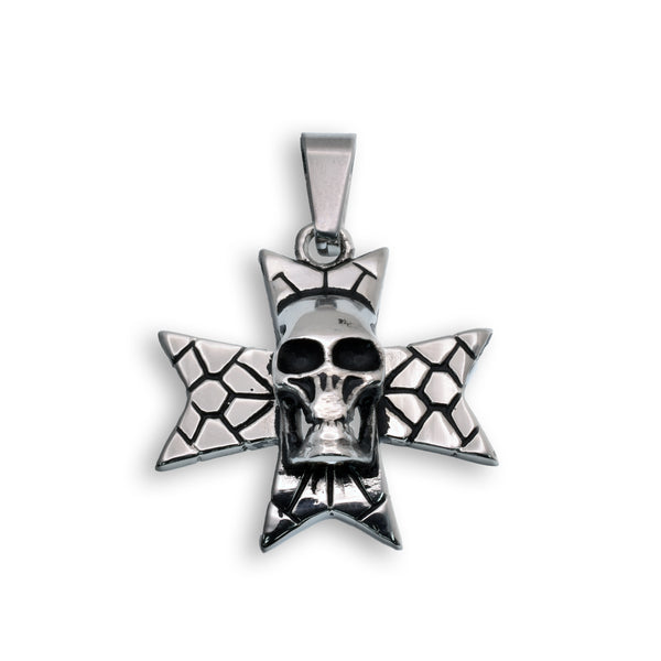 Rhodium Plated Stainless Steel Skull Cross Gothic Biker 28.2mm x 26.5mm Pendant - SSP00325