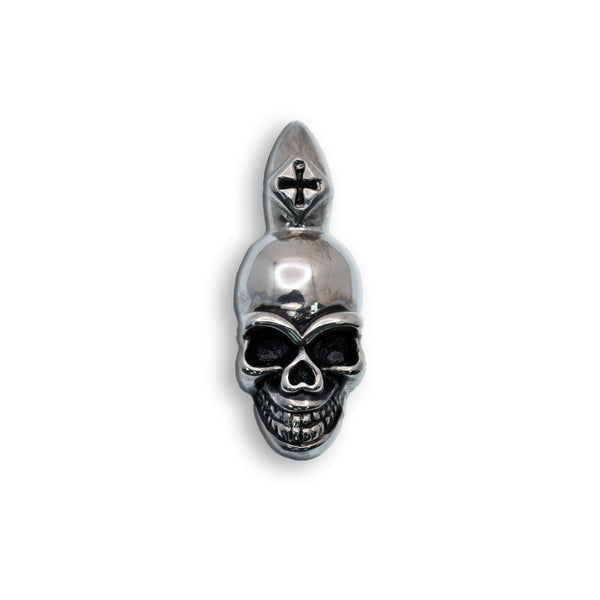 Rhodium Plated Stainless Steel Skull with Bail Cross Detail 11.9mm x 32.3mm Pendant - SSP00326