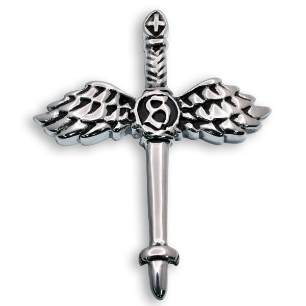 Rhodium Plated Stainless Steel Winged Sword 43.7mm x 54.1mm Pendant - SSP00330