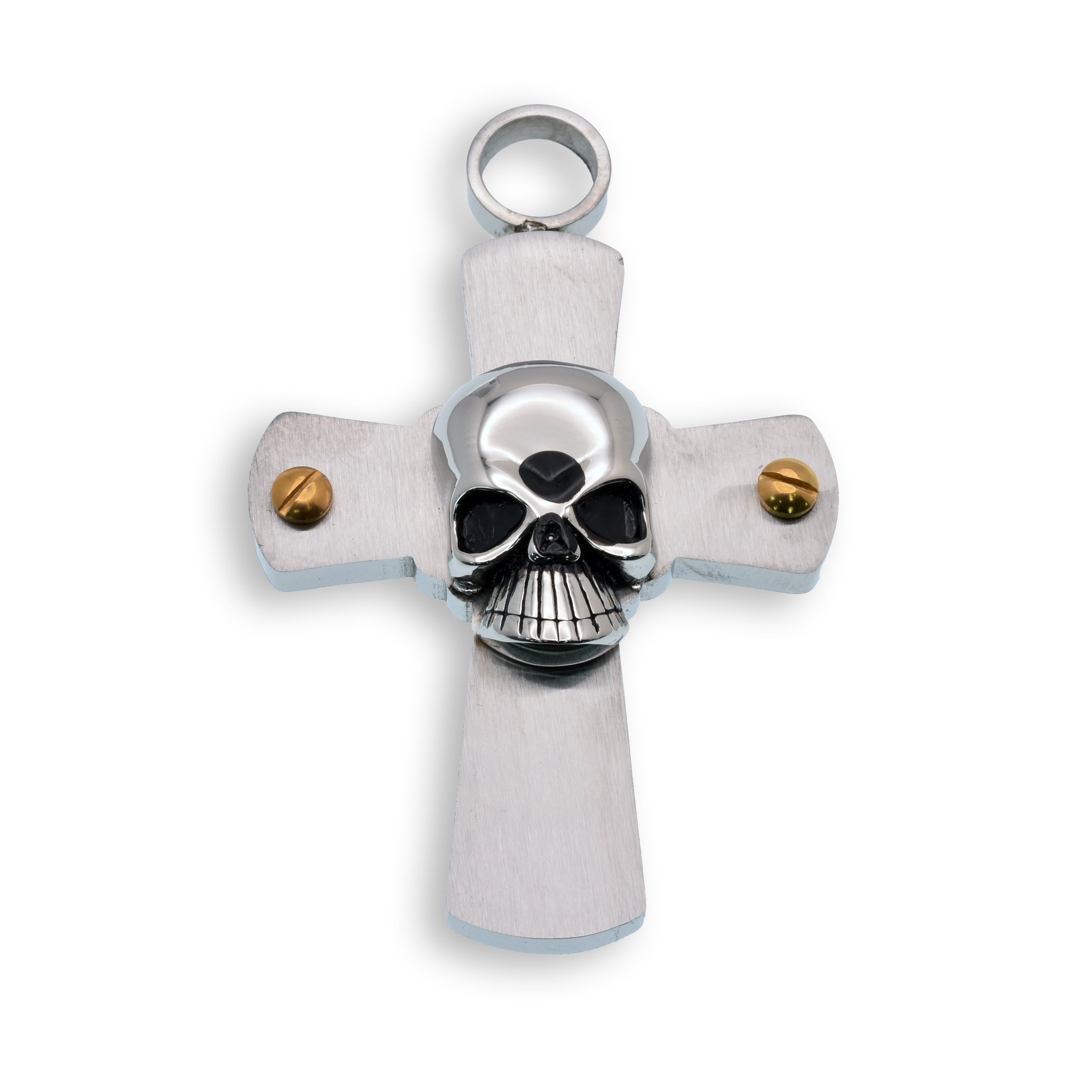 Cruz de calavera de acero inoxidable rodiada con colgante de rosca dorada - SSP00336