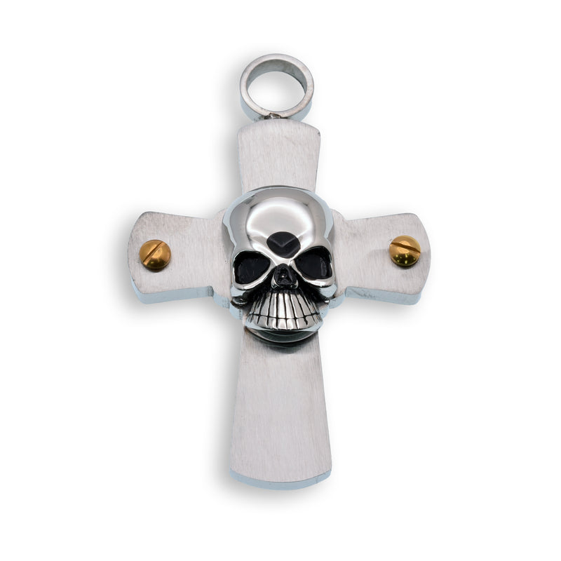 Cruz de calavera de acero inoxidable rodiada con colgante de rosca dorada - SSP00336