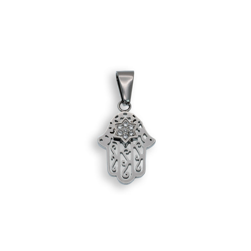 Rhodium Plated Stainless Steel Hamsa & CZ Star Accent Pendant - SSP00368