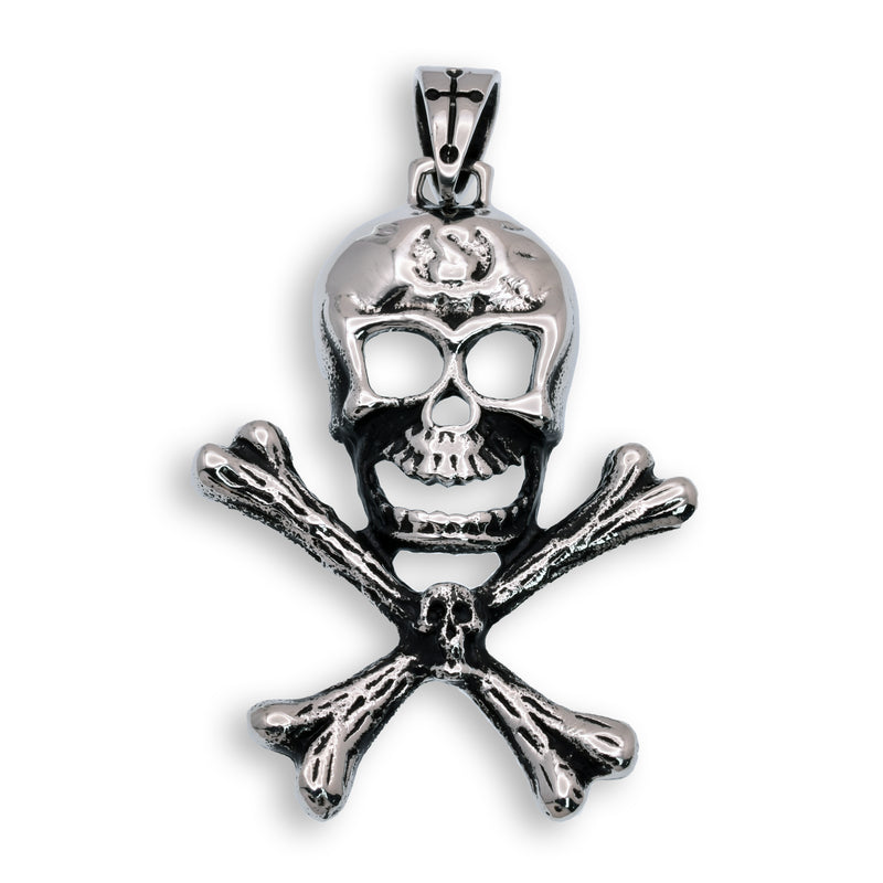 Oxidized Rhodium Stainless Steel Scull and Cross Bones Pendant - SSP00387