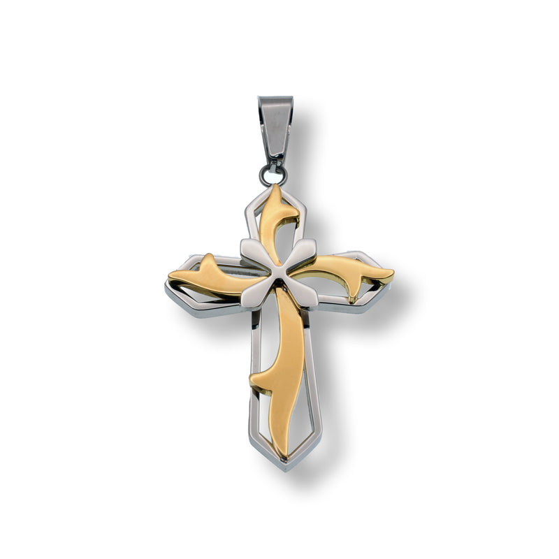 Two-Tone Plated Stainless Steel Fleur-De-Lis Cross Pendant - SSP00408