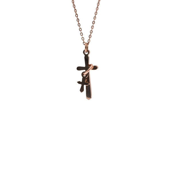 Stainless Steel Rose Gold Color Big and Small Intertwined Cross Pendant Necklace - SSP00480RGP