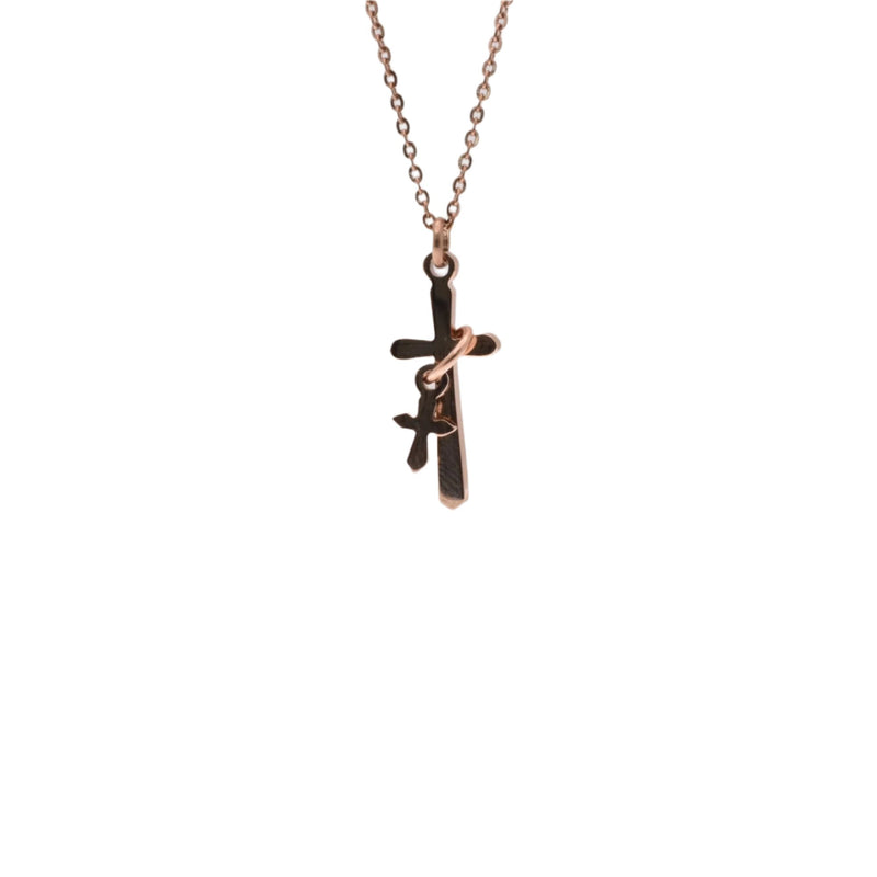 Stainless Steel Rose Gold Color Big and Small Intertwined Cross Pendant Necklace - SSP00480RGP