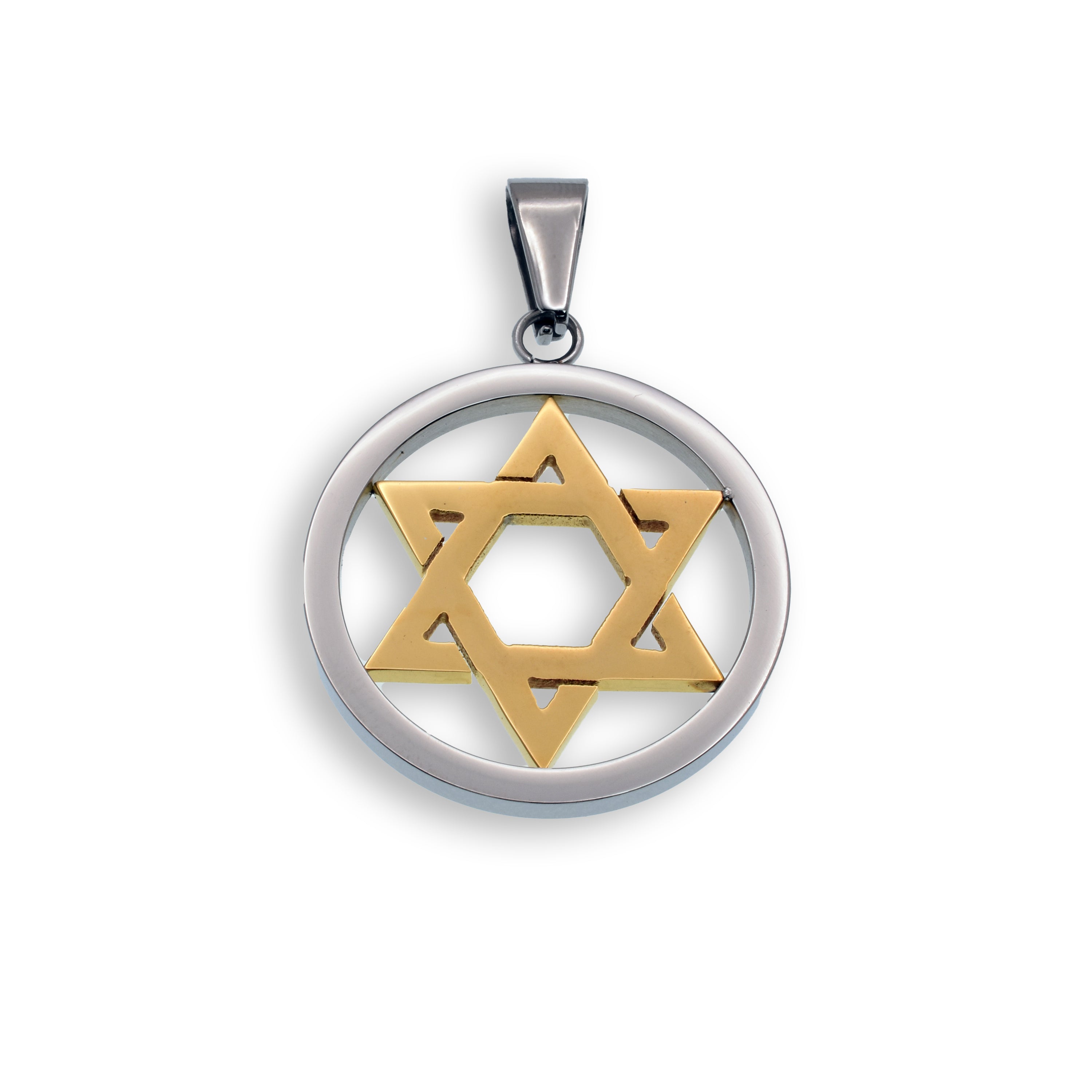 Colgante redondo de estrella de David en acero inoxidable bicolor con baño de oro y rodio - SSP00504