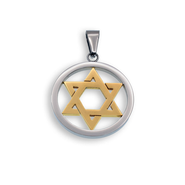 Two Tone Gold & Rhodium Plated Stainless Steel Round Star of David Pendant - SSP00504
