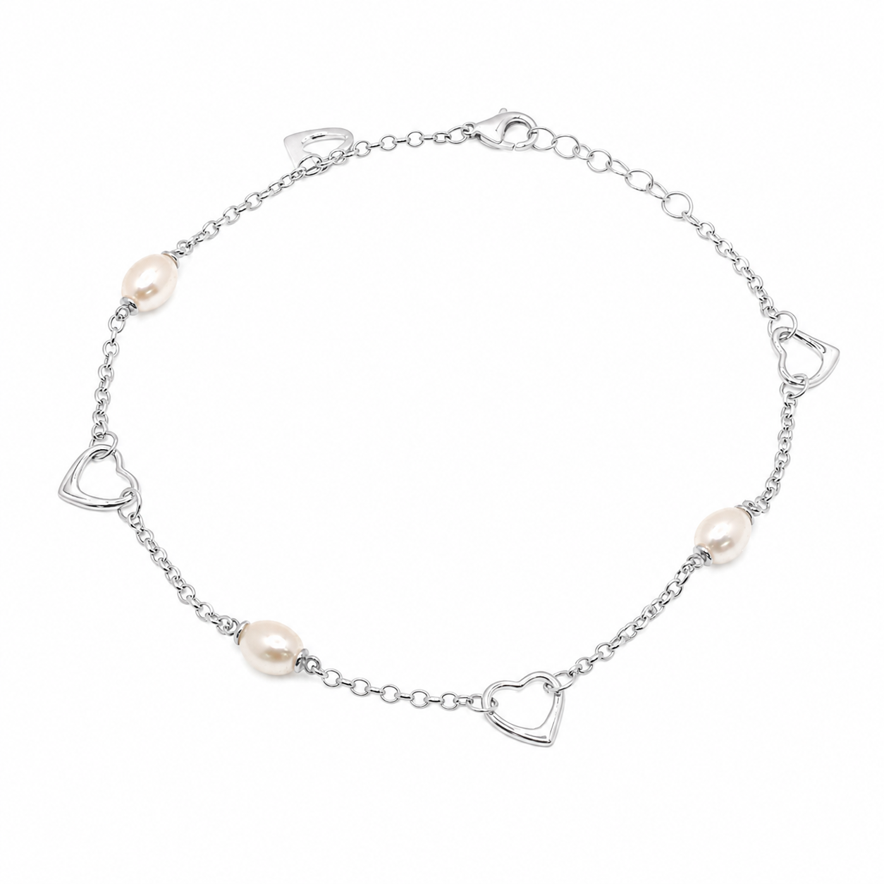 Rhodium Plated 925 Sterling Silver Open Heart & Pearl Anklet - STA00003