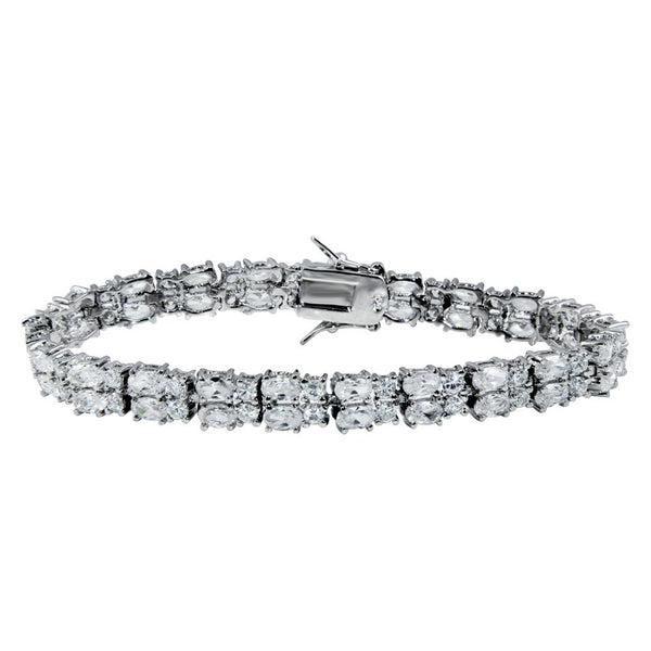 Closeout- Rhodium Plated 925 Sterling Silver Clear CZ Double Tennis Bracelet - STB00072