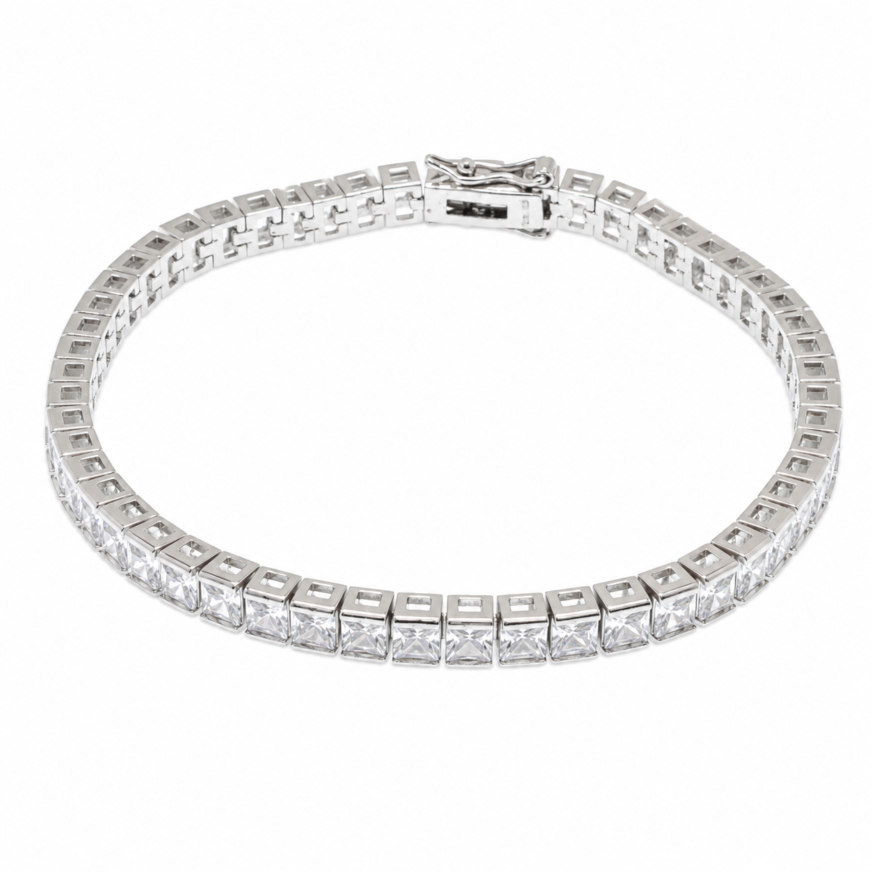 Pulsera de tenis con circonita cúbica transparente cuadrada chapada en rodio de plata 925 - STB00094