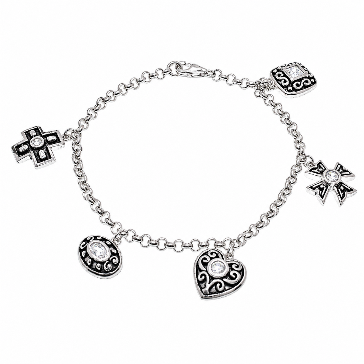 Clearance-Rhodium Plated 925 Silver Oxidized Filigree Charm Bracelet - STB00115
