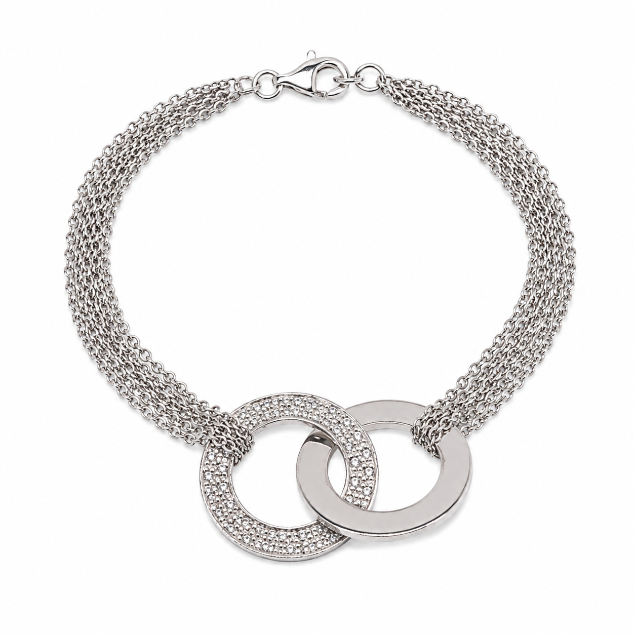 Clearance-Rhodium Plated 925 Silver Multi Strand & Interlocking CZ Circles Bracelet - STB00125