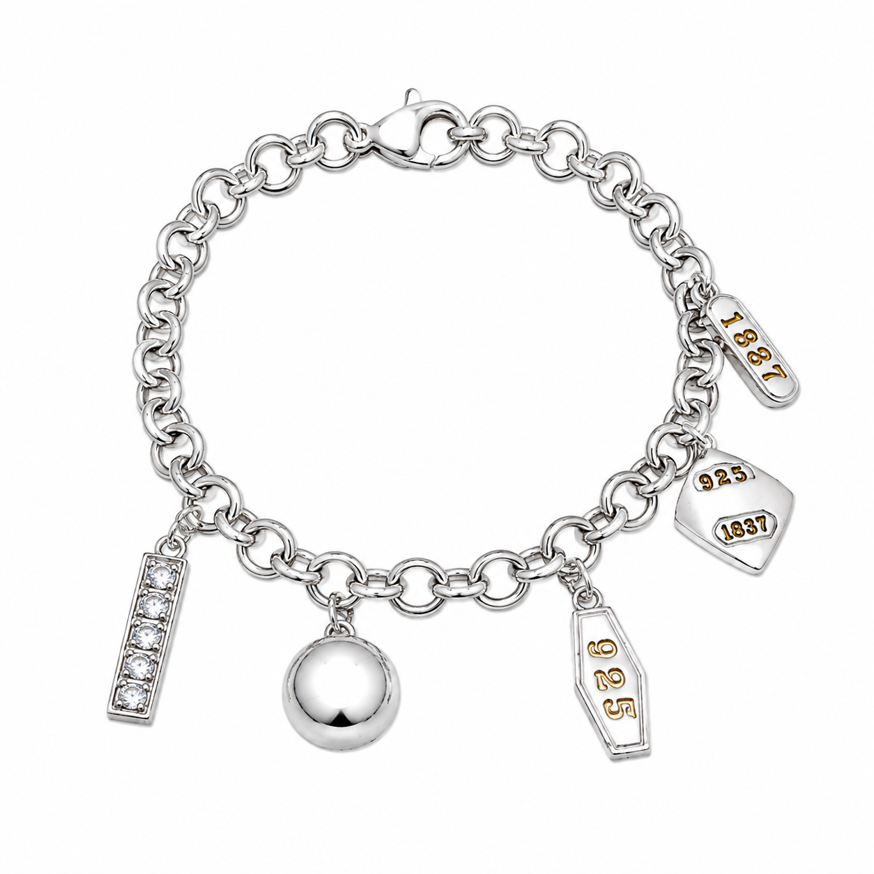 Clearance - Rhodium Plated 925 Sterling Silver CZ Bar and Ball Dangle Charm Bracelet - STB00128
