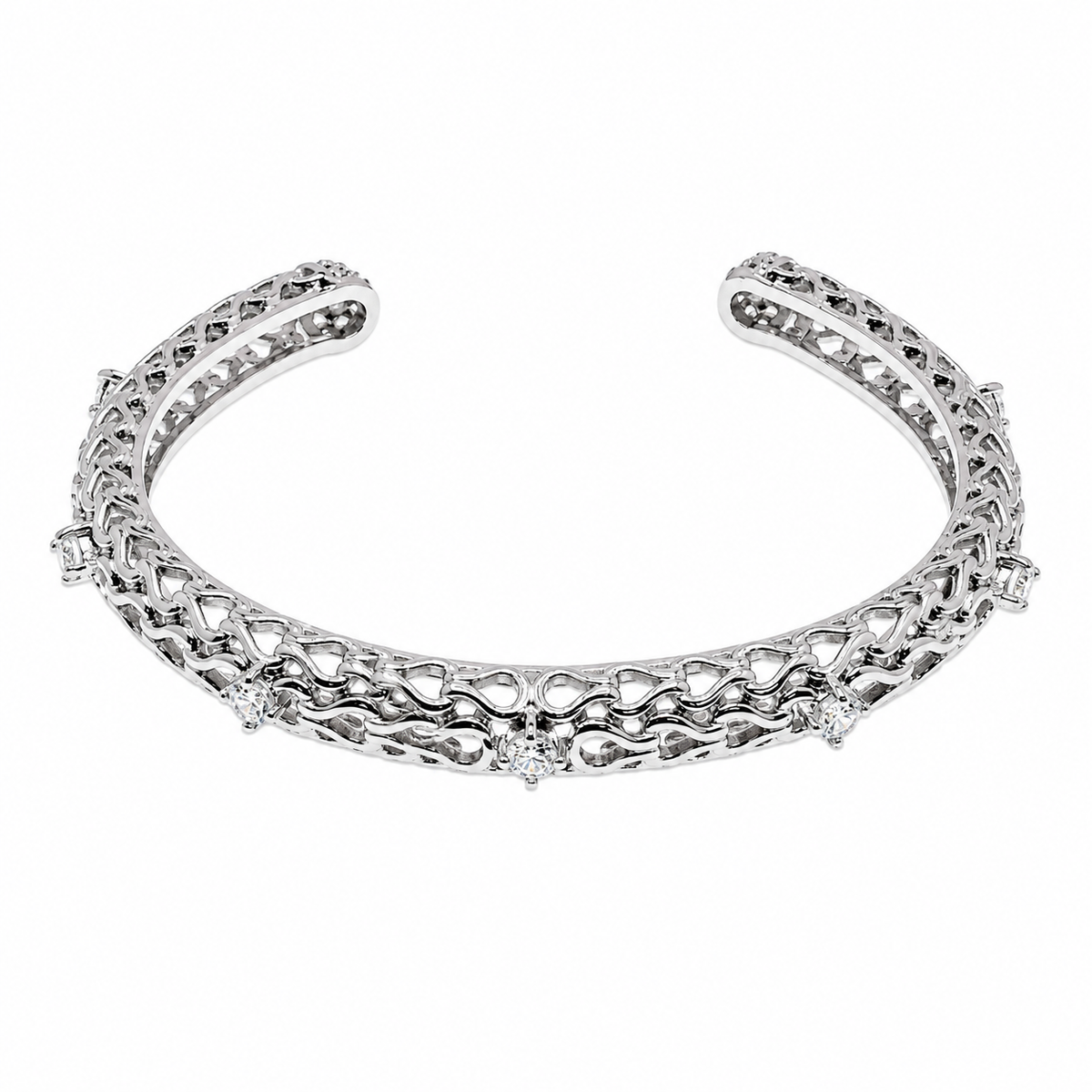 Rhodium Plated 925 Silver Filigree CZ Cuff Bangle Bracelet - STB00190
