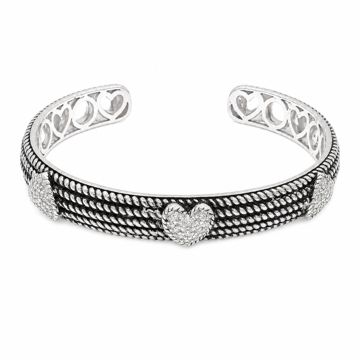 Clearance-Rhodium Plated 925 Silver Oxidized Textured CZ Heart Cuff Bangle Bracelet - STB00214