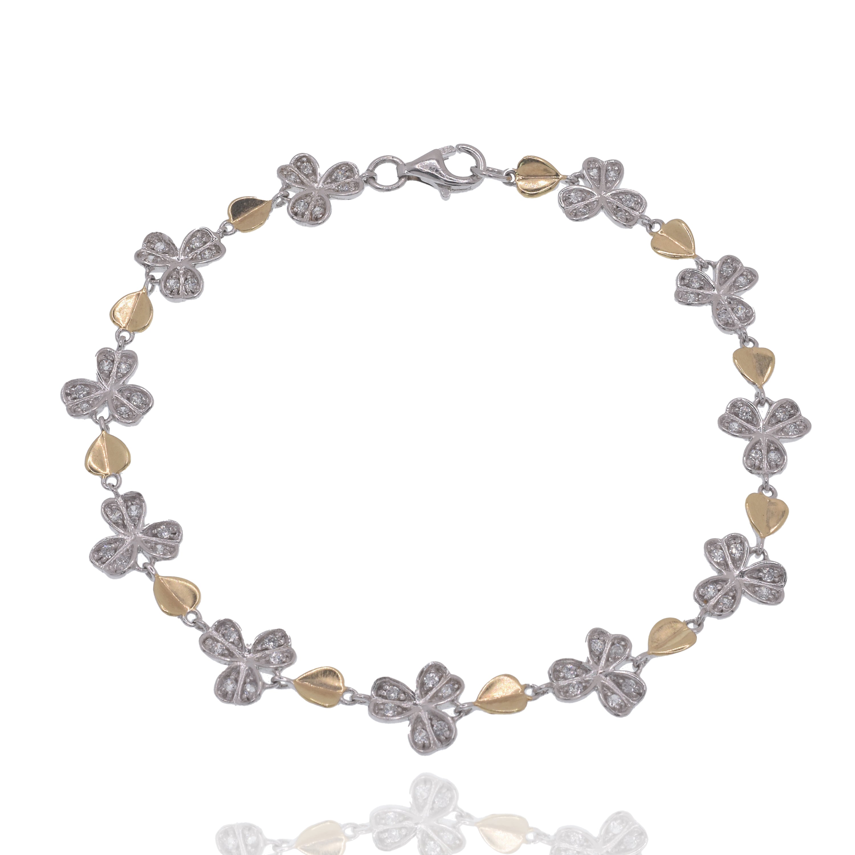925 Sterling Silver 2 Toned Plated Clear CZ Leaves Link Tennis