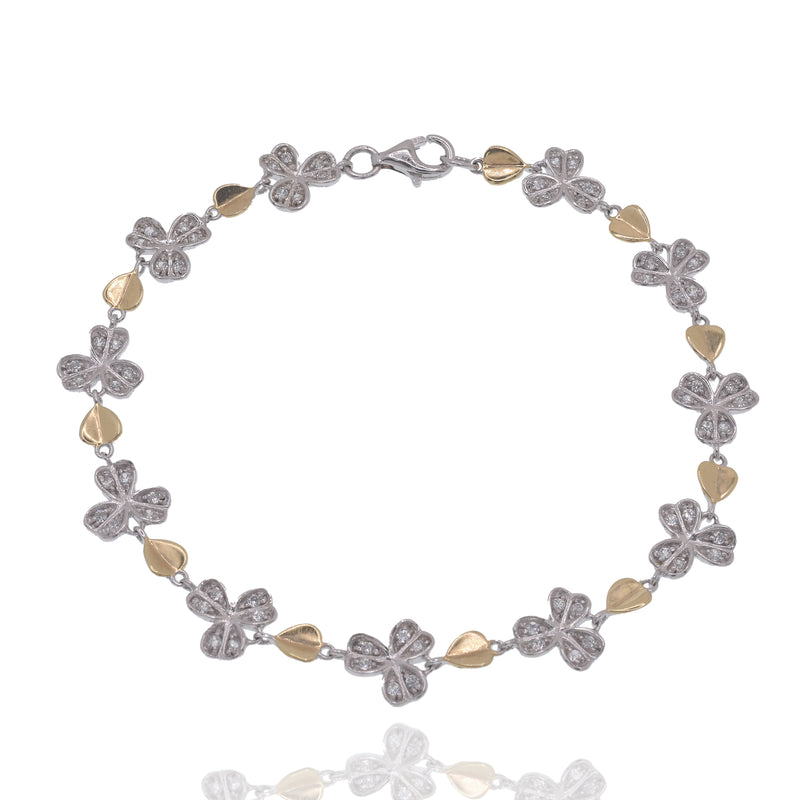 Pulsera de tenis de plata de ley 925 con eslabones de hojas de circonitas transparentes y baño de dos tonos - STB00220