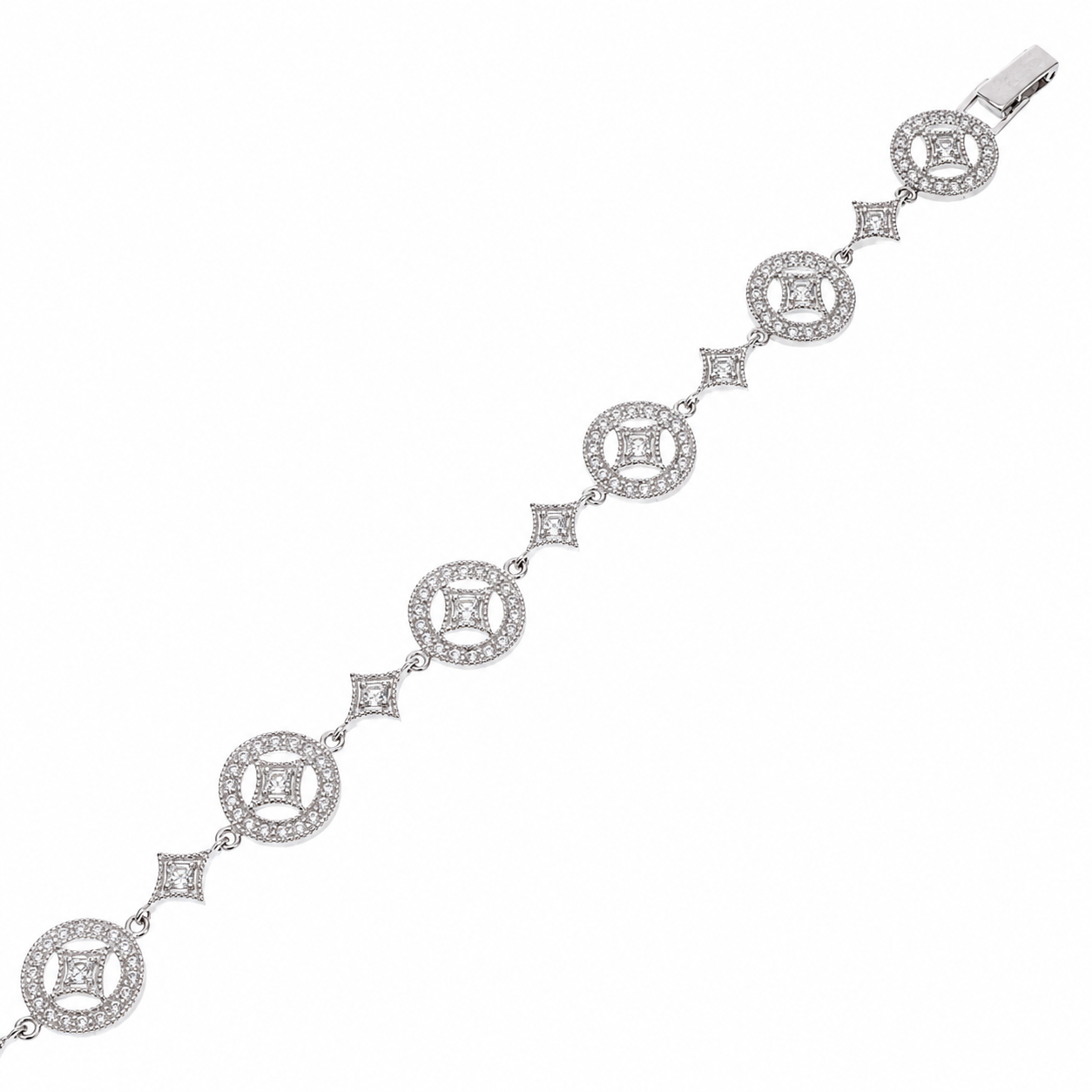Clearance - Rhodium Plated 925 Silver Elegant Diamond and Circle CZ Bracelet- STB00265