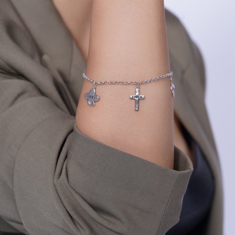 Rhodium Plated 925 Sterling Silver Good Luck Charm Bracelet - STB00312