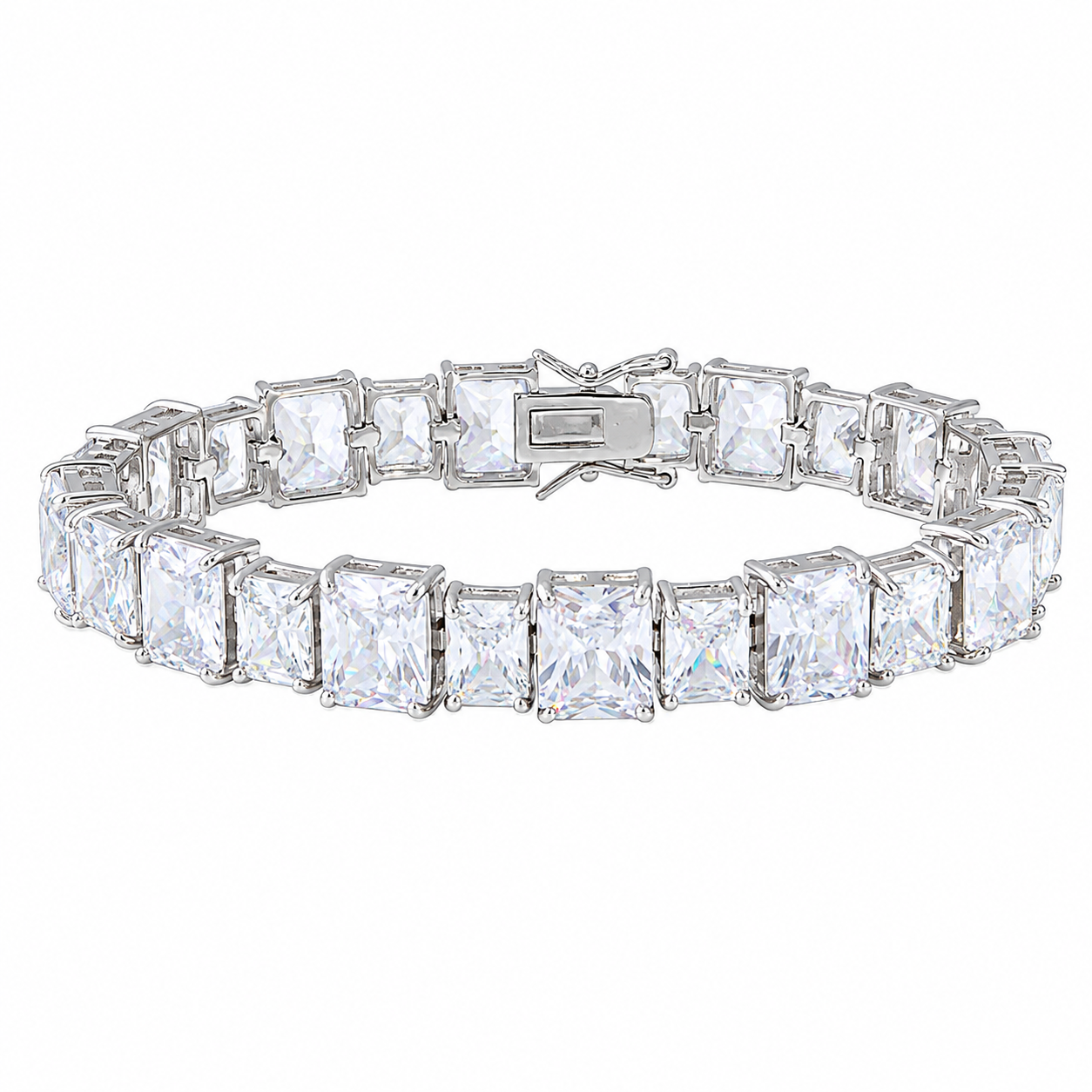 Rhodium Plated 925 Sterling Silver Fancy Alternating Multi Rectangle CZ Tennis Bracelet - STB00544RH