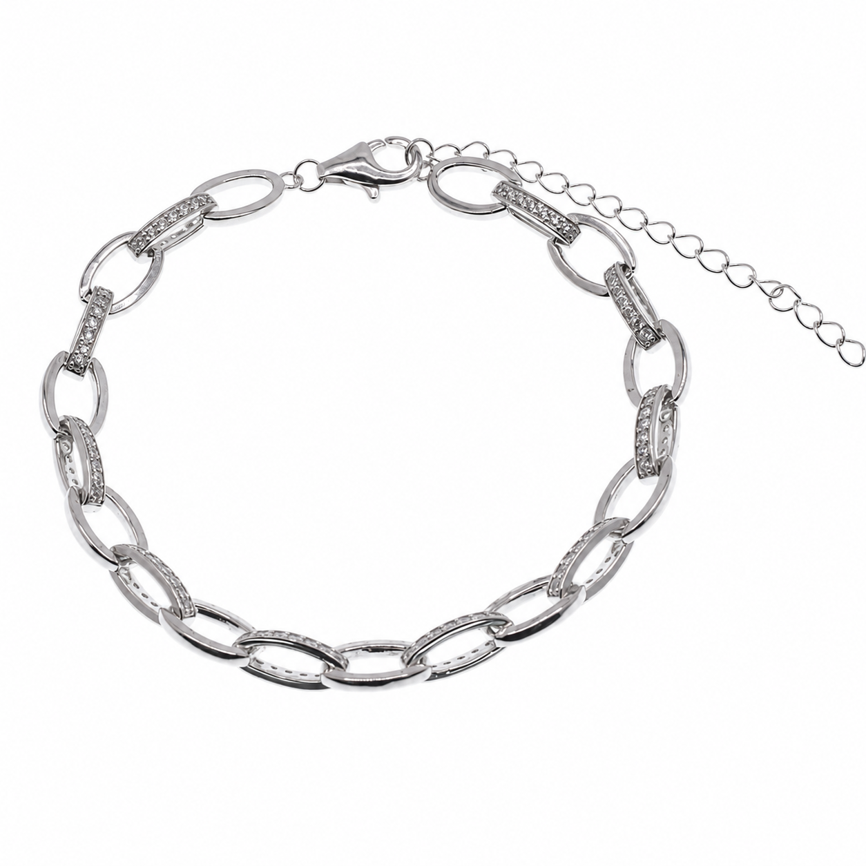 Rhodium Plated 925 Sterling Silver Interlocking Oval CZ Bracelet - STB00586