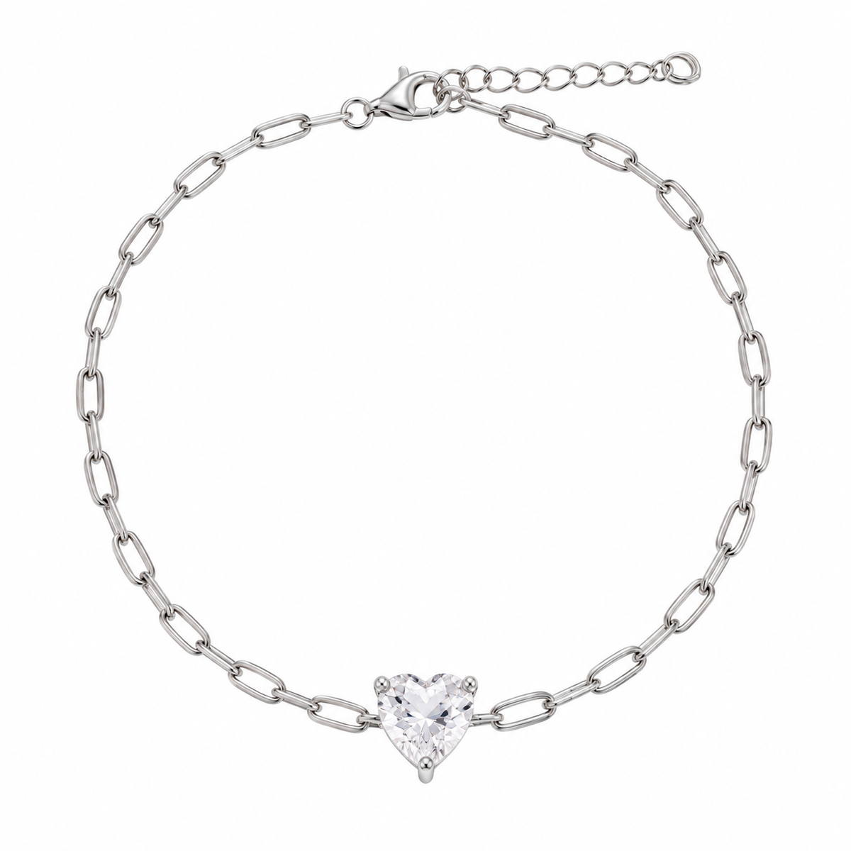 Rhodium Plated 925 Sterling Silver CZ Heart Paper Link Chain Bracelet - STB00629