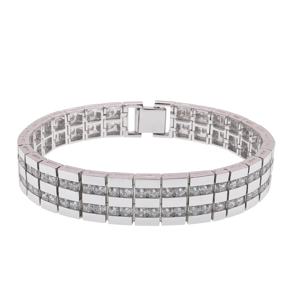 Rhodium Plated 925 Sterling Silver Clear 2 Row CZ Men's Hip Hop Bracelet - STBM00006