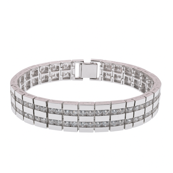Rhodium Plated 925 Sterling Silver Clear 2 Row CZ Men's Hip Hop Bracelet - STBM00006