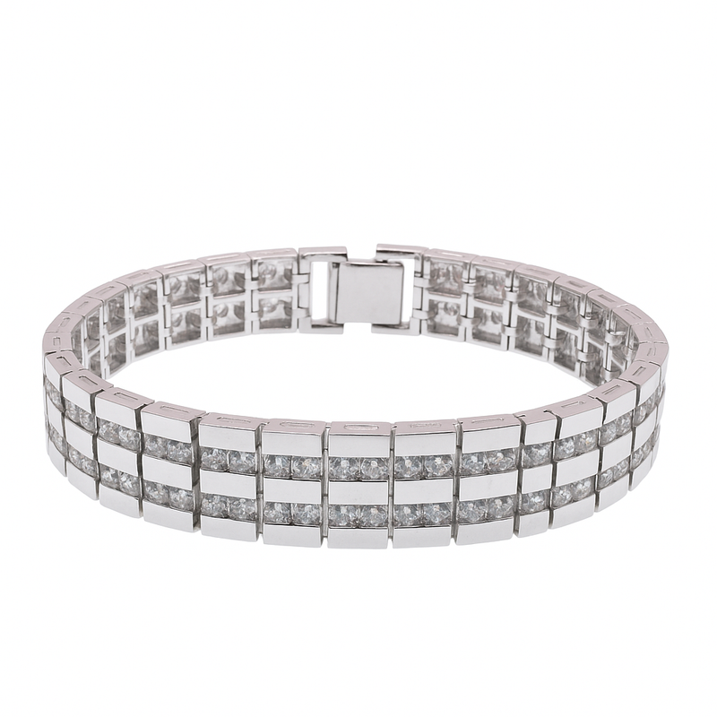 Rhodium Plated 925 Sterling Silver Clear 2 Row CZ Men's Hip Hop Bracelet - STBM00006