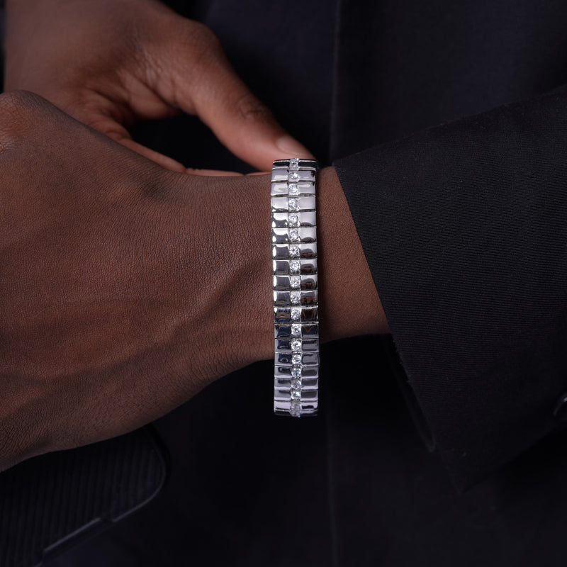 Men's Rhodium Plated 925 Sterling Silver Interlocking Clear CZ Studded 13.5mm Bracelet - STBM00011Y-9