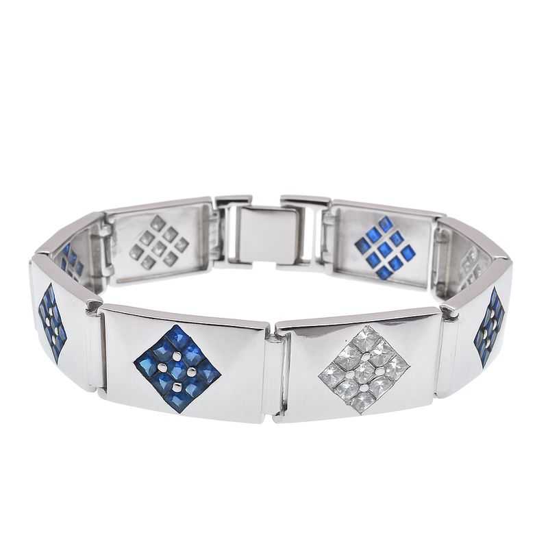 Rhodium Plated 925 Sterling Silver Clear with Blue or Yellow CZ Diamond Shaped Men's Hip Hop Bracelet - STBM00011