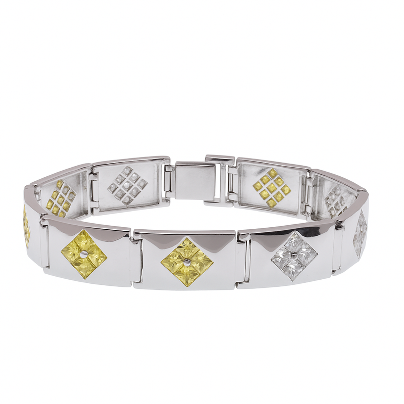 Rhodium Plated 925 Sterling Silver Clear with Blue or Yellow CZ Diamond Shaped Men's Hip Hop Bracelet - STBM00011