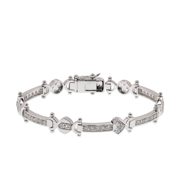 Rhodium Plated 925 Sterling Silver CZ Bar & Circle Men's Hip Hop Bracelet - STBM00019-9