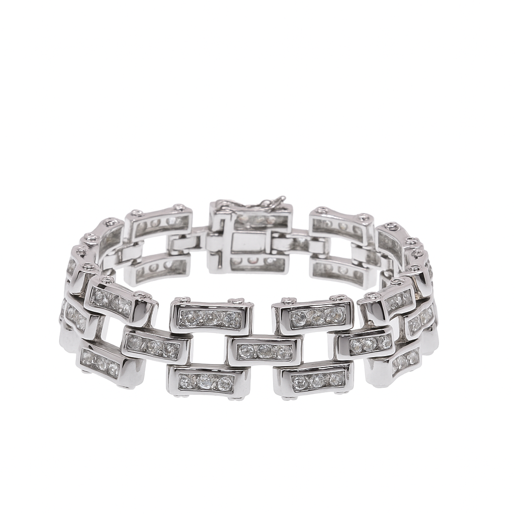 Rhodium Plated 925 Sterling Silver CZ Bike Chain Link Bracelet