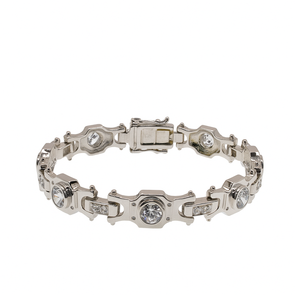 Rhodium Plated 925 Sterling Silver Clear CZ Oval Accent Men's Hip Hop Bracelet - STBM00029