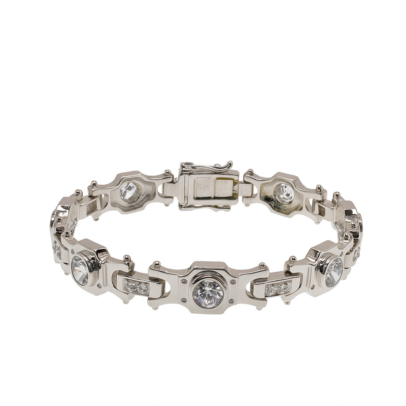 Rhodium Plated 925 Sterling Silver Clear CZ Oval Accent Men's Hip Hop Bracelet - STBM00029