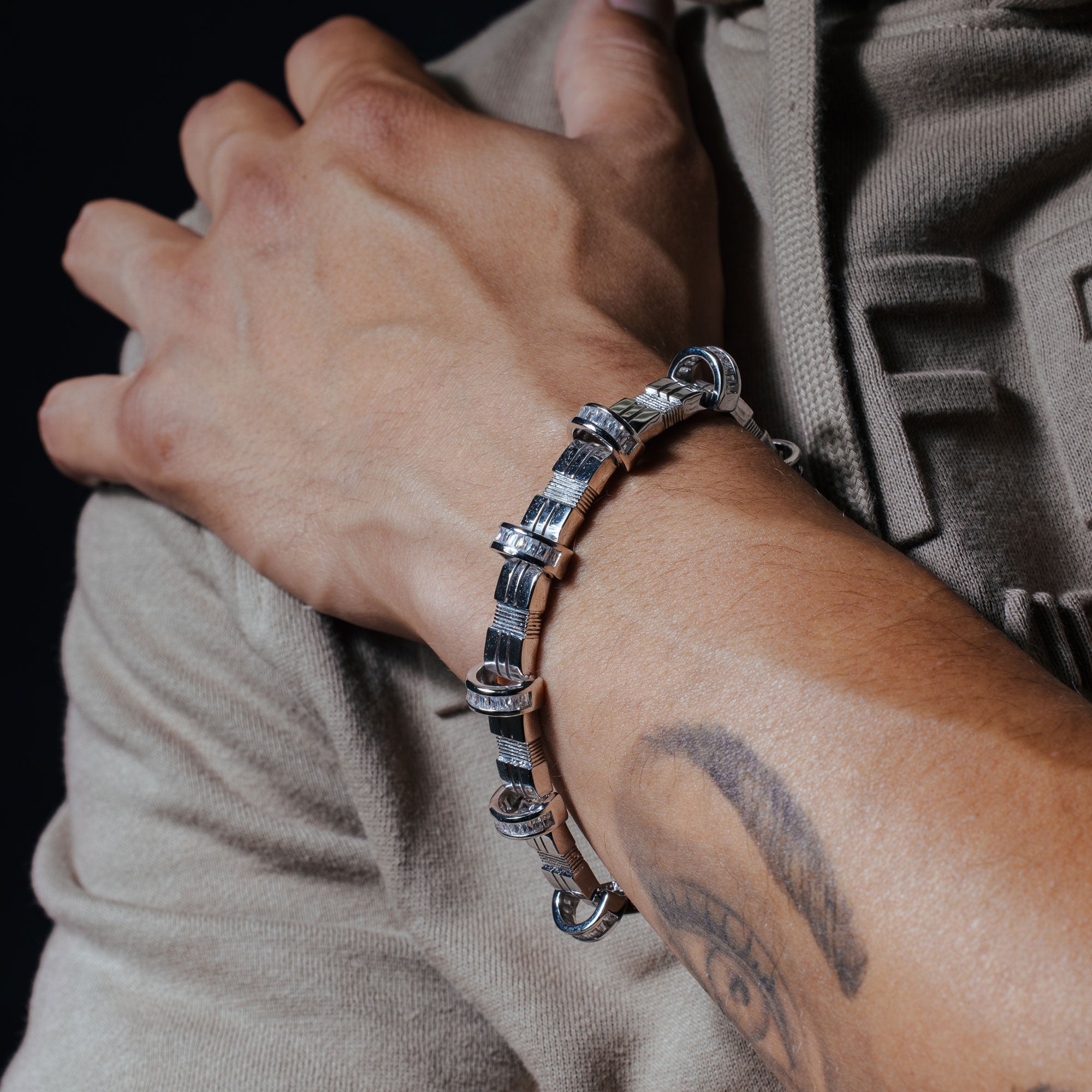 Rhodium Plated 925 Sterling Silver CZ Encrusted Arc Men's Bracelet - STBM00003