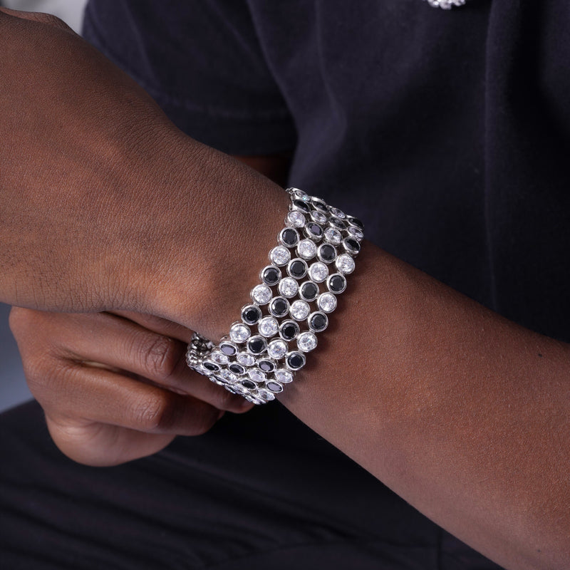 Rhodium Plated 925 Sterling Silver 5 Row Round Blk - Clr Bubble Bracelet - STBM00043