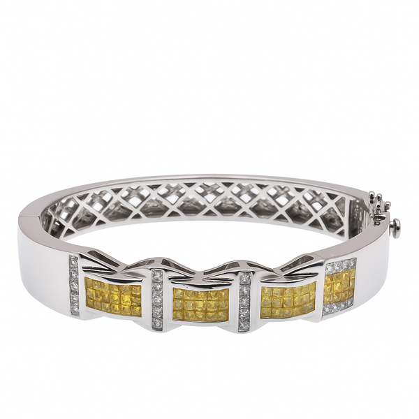 Rhodium Plated 925 Sterling Silver Clear & Yellow CZ Peaaked Buckle Link Hip Hop Cuff Bracelet- STBM00050