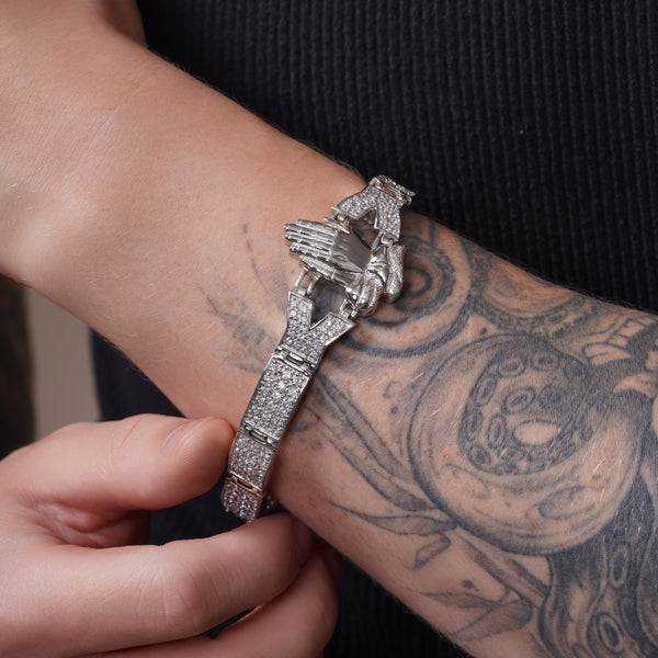 Men's Rhodium Plated 925 Sterling Silver CZ Prayer Hand's Bracelet- STBM017