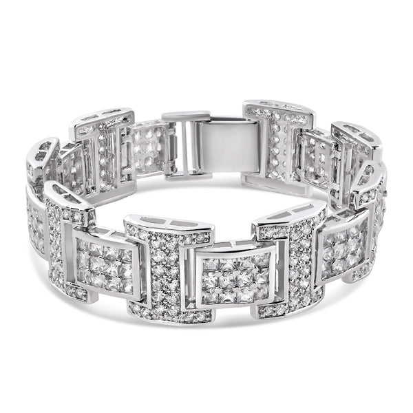 Men's Silver 925 Rhodium Plated Link Clear Square and Round CZ Studded 20mm Bracelet - STBM40