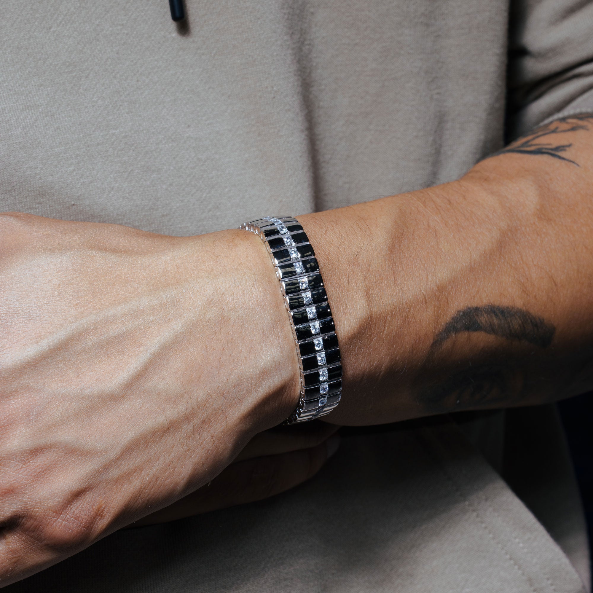 Rhodium Plated 925 Sterling Silver Centered CZ Line Men's Hip Hop Bracelet - STBM00007