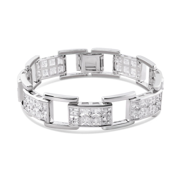 Men's Rhodium Plated 925 Sterling Silver Link Clear Square CZ Studded Bracelet - STBM0037