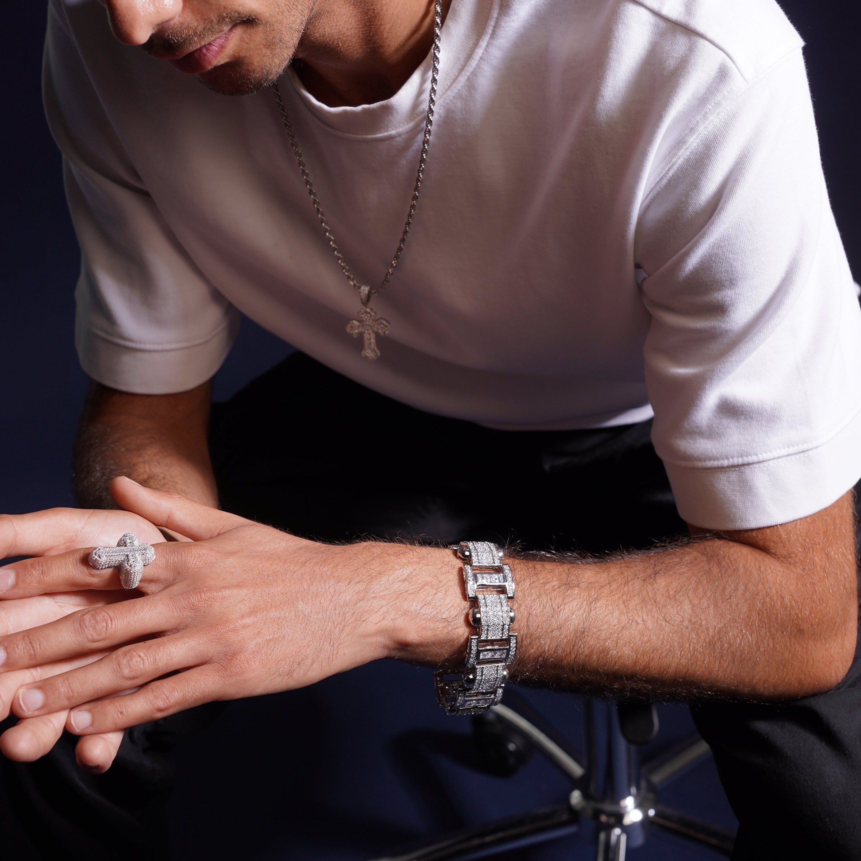 Men's Rhodium Plated 925 Sterling Silver Link Clear Square and Round CZ Studded 20mm Bracelet - STBM00041-9